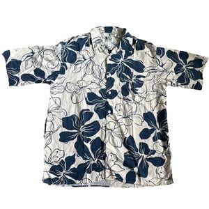 Vintage 100% Silk Hawaiian Aloha Camp Collar Shirt Men L Blue Drapey Relaxed Fit